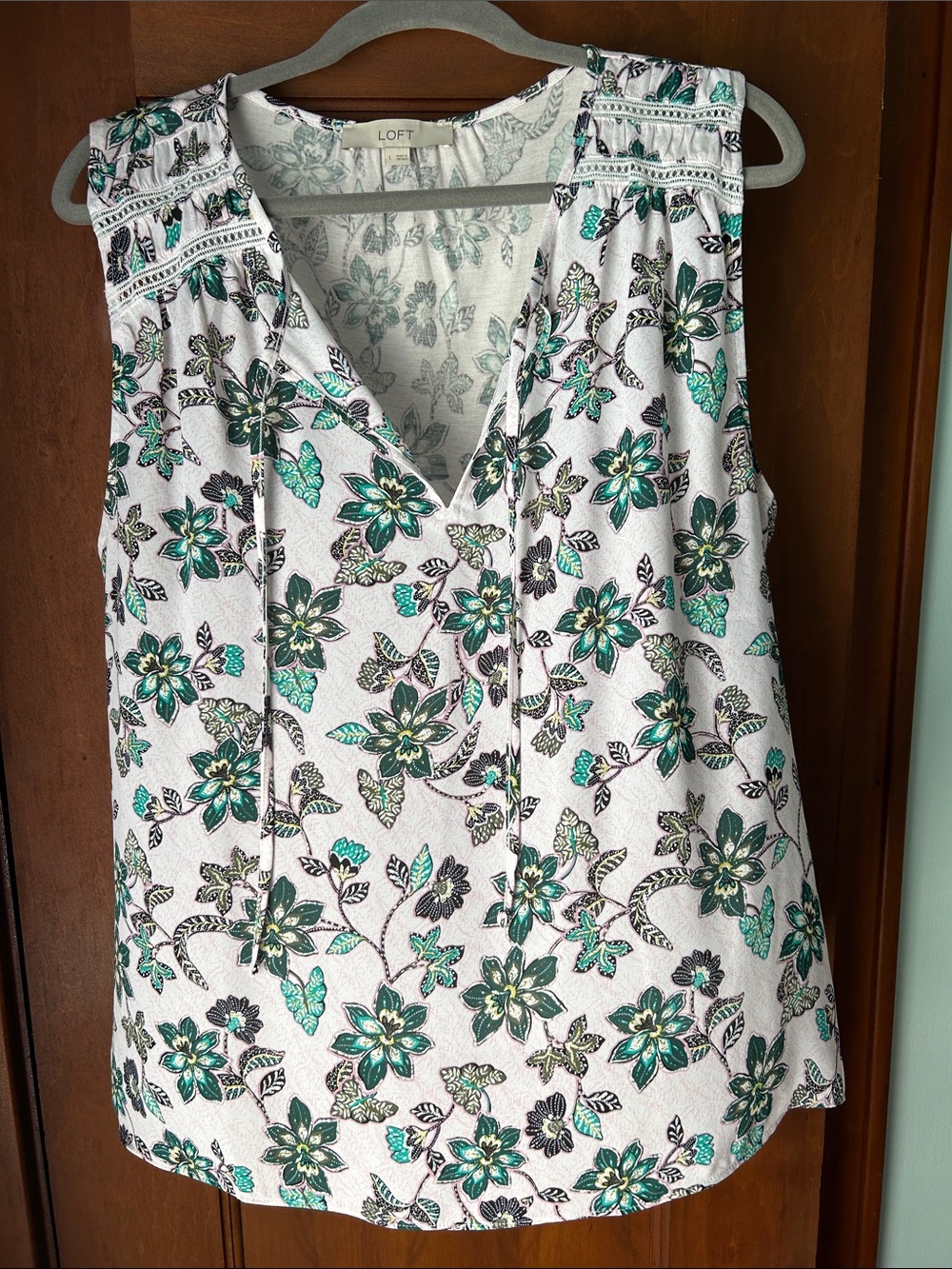 LOFT White Floral V-Neck Sleeveless Top with Green Black Pink Accents